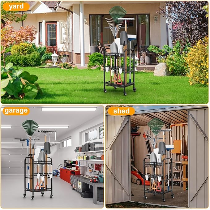FZK Garden Tool Organizer,Garage Storage,Garden Tool Organizer for Garage,Yard Tool Organizer for Garage,Wheeled Garden Tool Rack,Up to 40 Long-Handled Garden Tool Storage,Garage Tool Organizer