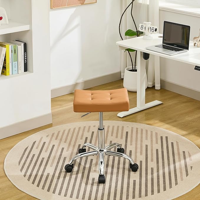 Office Stool with Wheels (300lbs Capacity) (Adjustable Height 17"-21") Brown Faux Leather Workbench Stool (Camel Brown)