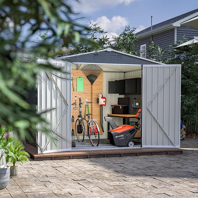 8x6 FT Outdoor Tool Storage Shed with Metal Foundation & Lockable Doors, All Weather Metal Sheds for Garden, Patio, Backyard, Lawn,