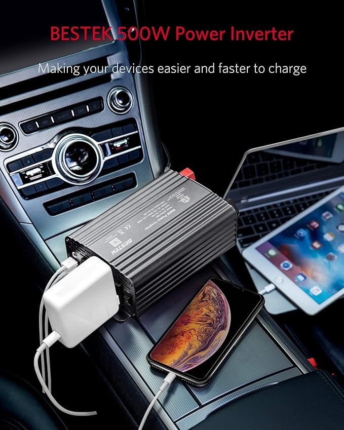 BESTEK 500W Power Inverter DC 12V to 110V AC Converter with 4.8A Dual USB Car Charger ETL Listed (Grey)