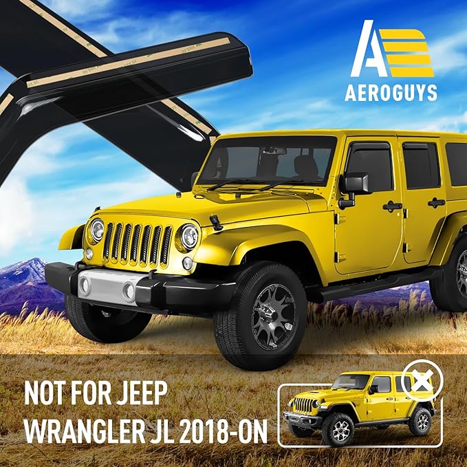Extra Durable Window Deflectors in-Channel Window Visors Rain Guards Fit for Jeep Wrangler JK 2007-2018, Sun Visors, Wind Vent for Shades, Exterior Car Accessories - 4pcs. AG0263