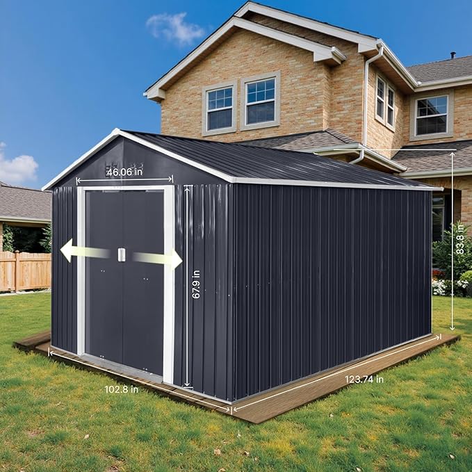 9.1' x 10.6' XL Outdoor Storage Shed, Sturdy Metal Building w/Windows & Lockable Doors for Garden, Backyard, Poolside and Lawn, Anthracite