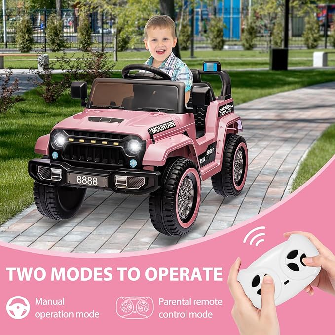 12V Kids Ride on Truck Car, w/Parent Remote Control, Twin 35w Motors, 3 Speeds, LED Lights, Music & Horn, Spring Suspension, Kids Electric Vehicles Toy for 3-5 Years Old Boys Girls Gift, Light Pink