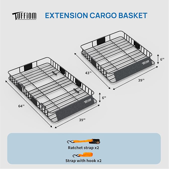 Bonnlo 250lbs Extendable Rooftop Cargo Carrier, 64×39×6inch Universal Roof Rack Basket with 4×Straps, Car Top Rack Luggage Holder for SUV/Truck/Van