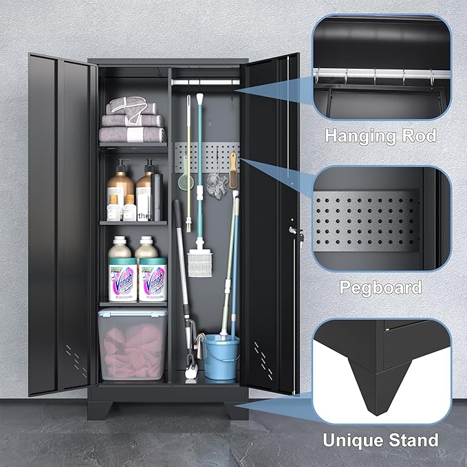 Metal Storage Cabinet,61" Tall Storage Cabinet,Utility Cabinet for Brooms and Mops,Laundry Room Cabinets,Tool Lockable Organization,Black