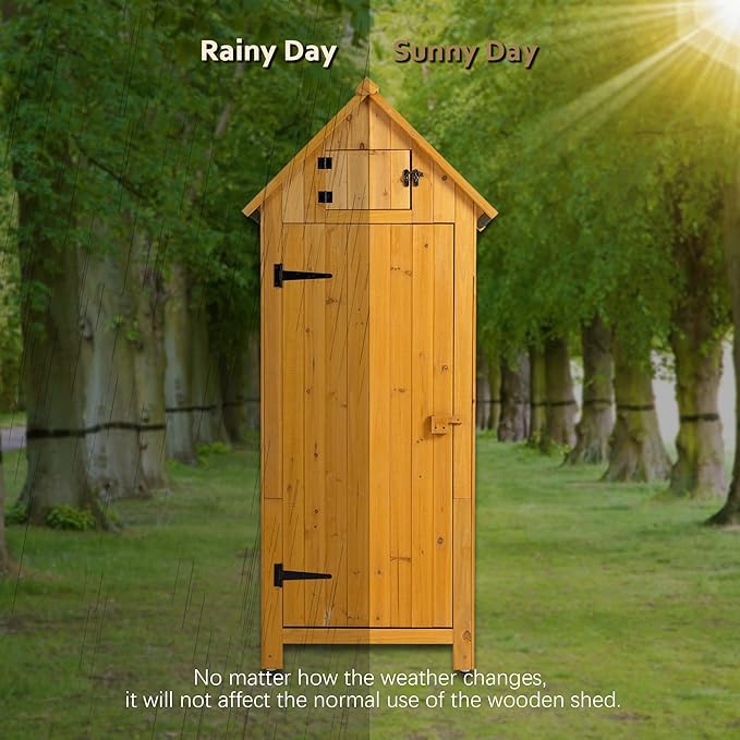 30.3" L X 21.3" W X 70.5" H Outdoor Storage Shed with Waterproof Roof, Solid Fir Wood Frame, and 3 Compartments for Garden Tools, Mower, and Hose,Natural Wood