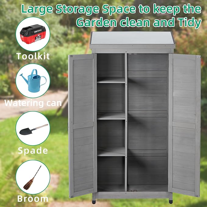 Outdoor Storage Shed Waterproof, Potting Shed with Storage Cabinet and Metal Table Top for Backyard Garden Patio, Outdoor 68 Inches Wood Tall Shed