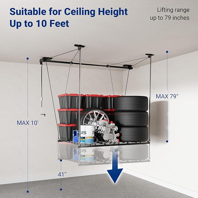 FLEXIMOUNTS Overhead Garage Storage Rack Lift, 4x4 Ft Heavy-Duty Garage Ceiling Storage Racks, Adjustable Organization System With 71'' L Axle, 300lbs Load Capacity, Flat Black