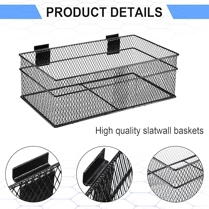 Barydat 4 Pcs Slatwall Basket Set Ventilated Metal Slatwall Basket Hanging Wire Bins Wall Mounted Accessories for Panel Garage Storage Display Organizing(Big Size,Black)