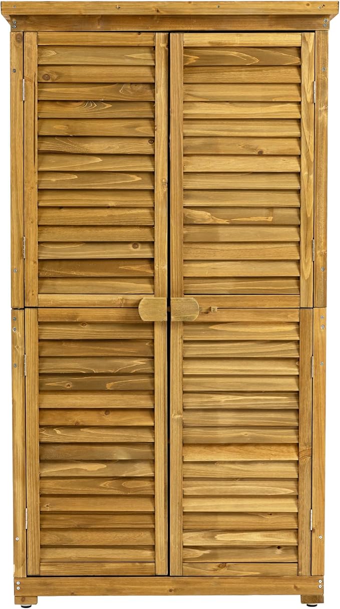 63 "H x 34.25 "L x 18.5 "W Vertical Garden Shed for Patio,Outdoor Wooden Storage Cabinet with Waterproof Roof, 2 Removable Shelves, and Adjustable Feet, Yard, and Garage,Natural Wood