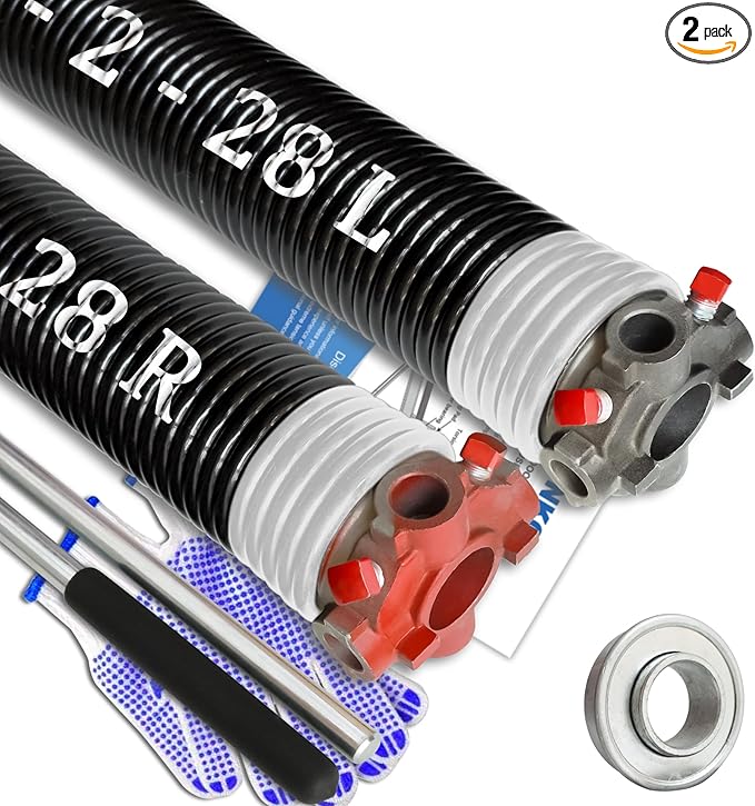 Garage Door Torsion Spring Set, Pair of 2" Electrophoresis Coated Garage Door Spring Replacement with 2 Non-Slip Winding Bars and Bearing, Minimum 16000 Cycles (.218x2x28")