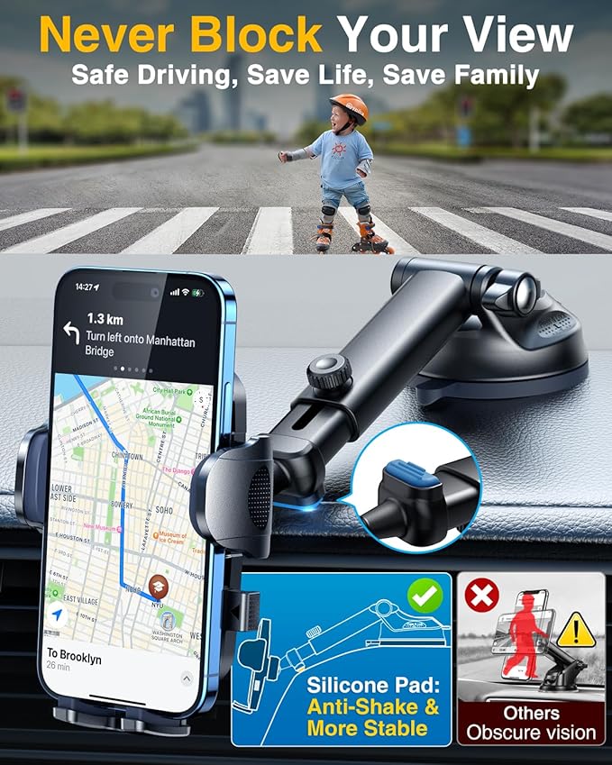 [True Military-Grade & 360 Degrees Rotatable Suction] 2025 YRU Ultimate Car Phone Holder Mount 【90+LBS Safest Strongest&Patent Cert】Dashboard Windshield Vent for iPhone 16 15 Pro Max Samsung,Jet Black
