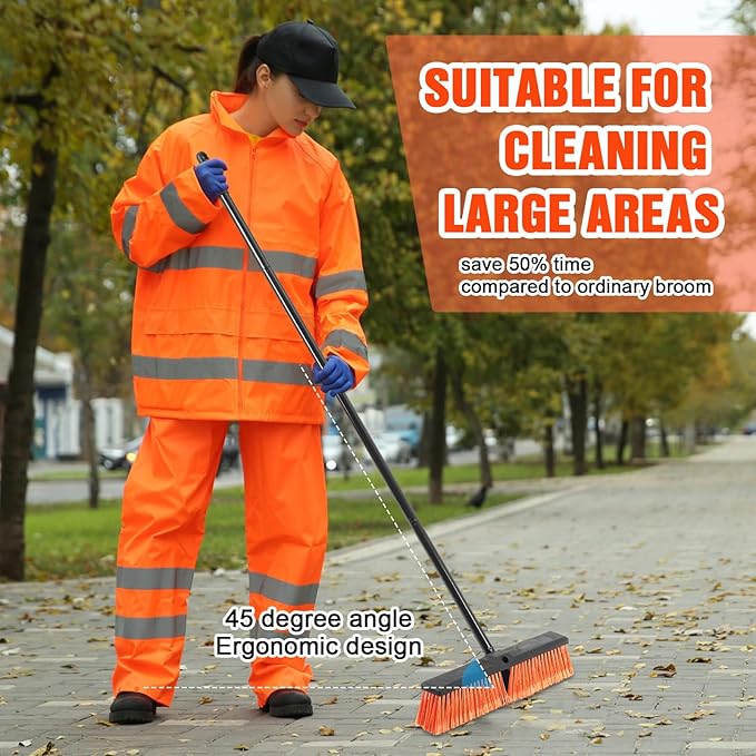 Zhehao 6 Pack 18 Inches Push Broom Outdoor, Multi Surface Garden Brush Broom with Adjustable 63" Long Handle for Deck, Driveway, Patio, Warehouse, Garage, Yard, Concrete Floor Cleaning (Orange)