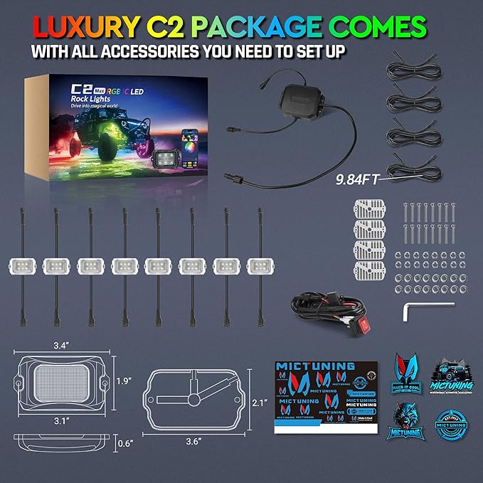 MICTUNING C2 MAX RGB+IC LED Rock Light with White Housing - 8 Pods Chasing Color Underglow Lights Kit, Dynamic Lighting Modes, APP Control, IP68 Waterproof, DIY Effect, Up to 24pods Extensible