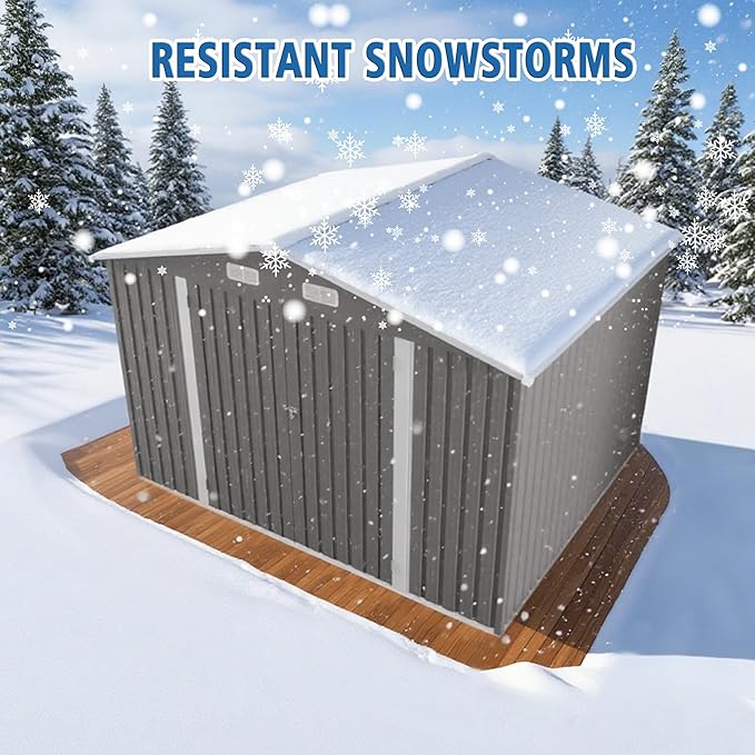 10 x 8 FT Large Outdoor Storage Shed w/Lockable Door, Heavy Duty Metal Garden Sheds with Clear Window and Air Vents, Waterproof Tool House for Bicycles, Tools, Backyards, Patios, Lawns, Gray