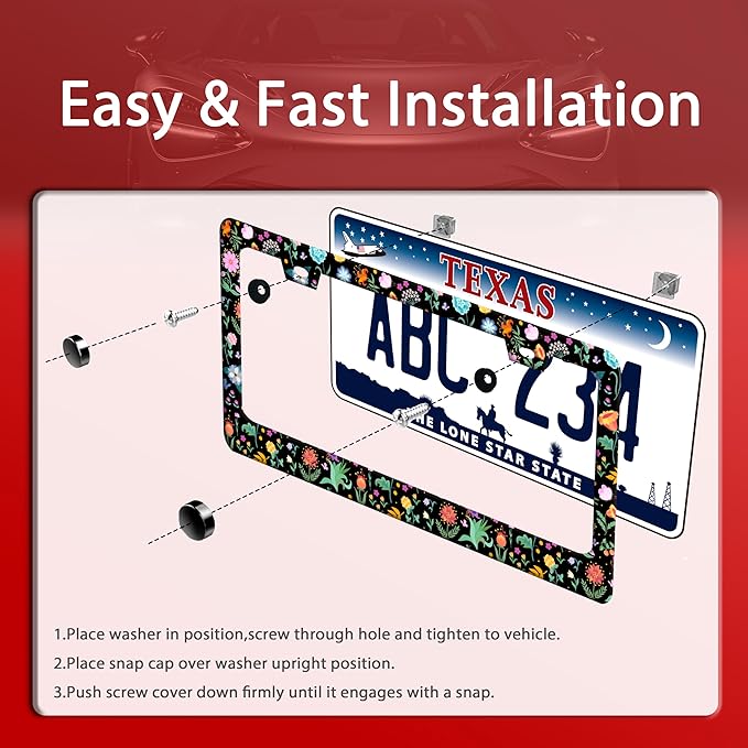 Colorful Flowers License Plate Frame Folk Art Floral License Plate Holder Funny Stainless Steel Accessories Cars Decor with 2 Holes and Screws Fits Standard Us Ca Vehicles 12.2 X 6 Inch