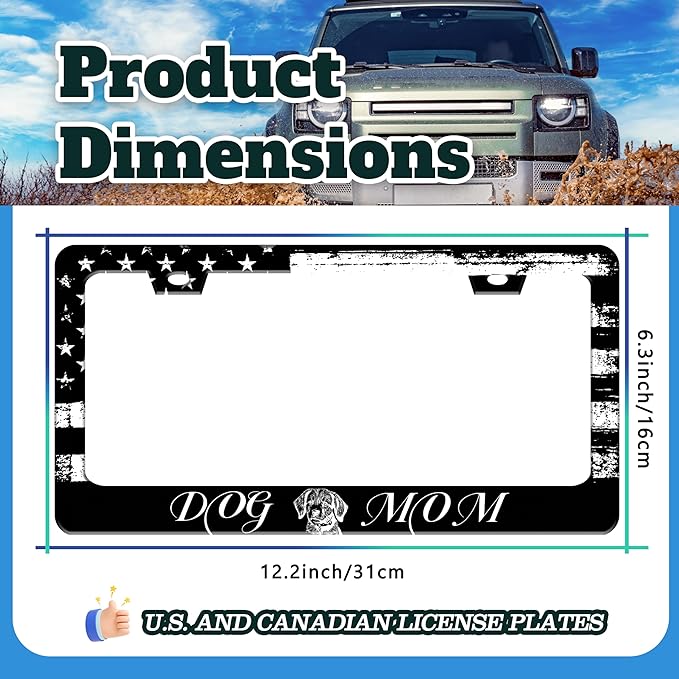 Dog Mom License Plate Frame Vintage American Flag Animal License Plate Holder for Front or Rear Car Tags Reusable Durable Stainless Steel Car Funny Decoration with Screws 6.3 X 12.2 in for Men Women