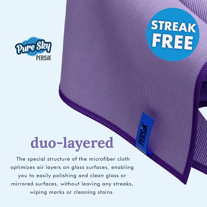 persik Pure-Sky Microfiber Cleaning Cloth - JUST ADD Water No Detergents Needed – Streak Free Magic Ultra Microfiber Polishing Towel - for Windows, Glass, Mirror and Screen - Leaves no Wiping Mark