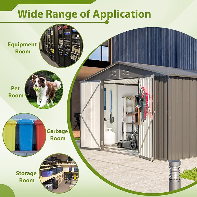 10X8 FT Outdoor Tool Storage Shed with Metal Foundation & Lockable Doors, All Weather Metal Sheds for Garden, Patio, Backyard, Lawn