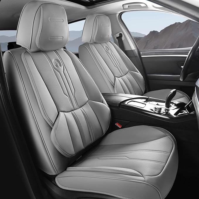 AOOG Front Seat Covers, Car Seat Covers Front Seats, Leather Seat Covers for Cars, Waterproof Seat Covers with Lumbar Support Universal Fit for Most Cars SUV Trucks(Front Pair, Grey)