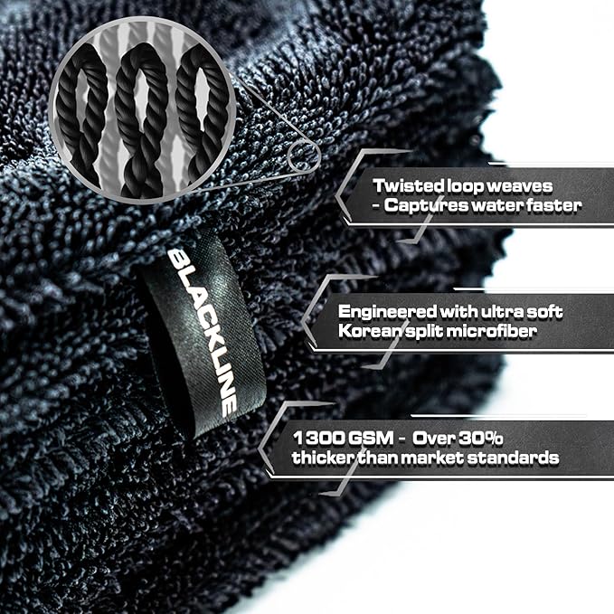 Blackline Car Drying Towel - 2ft x 3ft XL, Popular Pick Among Detailing Pros - 1300 GSM Microfiber - Absorbs Over 8lbs of Water - Leaves No Streaks, Spots or Scratches - Dries an Entire Vehicle