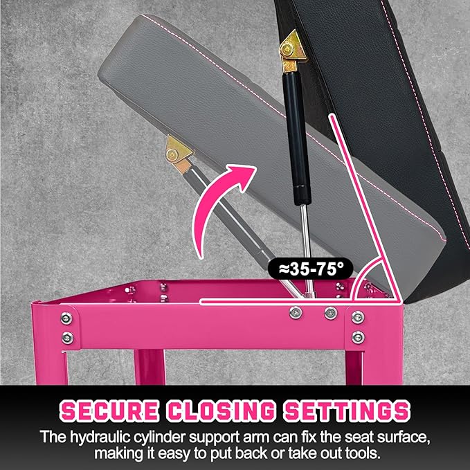 Rolling Mechanic Shop Stool with Wheels, Garage Mechanics Stool with 2 Layer Repair Tools Tray, Padded 360° Swivel Automotive Roller Creeper Seat Shop Chair, Heavy Duty, 330 LBS Capacity, Pink