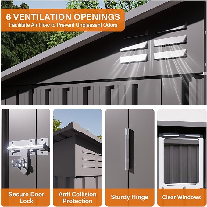 4x9 FT Lean to Shed with Window, Metal Sheds & Outdoor Storage with 6 Vents and 2 Swing Doors, Outdoor Storage Shed Waterproof for Backyard, Garden, Patio, Gray
