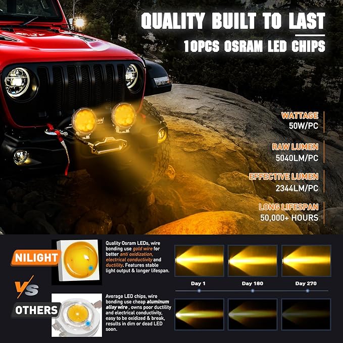 Nilight 5.7 Inch Amber LED Driving Light Round 50W Yellow Fog Spot Flood Combo Lights w/ 16AWG DT Connector Wiring Harness IP68 for Offroad ATV UTV Truck Tractor