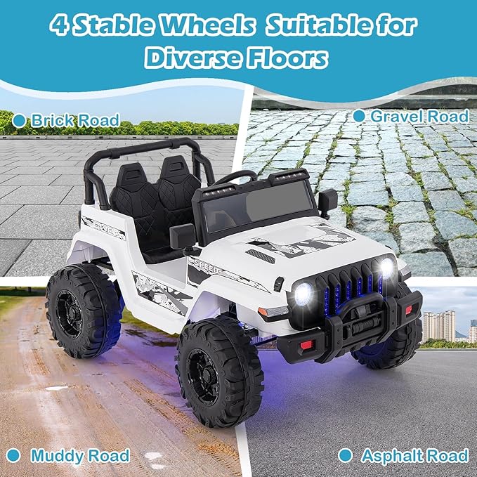 INFANS Kids Ride on Car Truck with 2.4G Remote Control, 12V Battery Powered Electric Cars for Kids w/3 Speeds, Battery Display, LED Lights, Safety Belt, Music & Horn, Bluetooth/FM/USB (White)