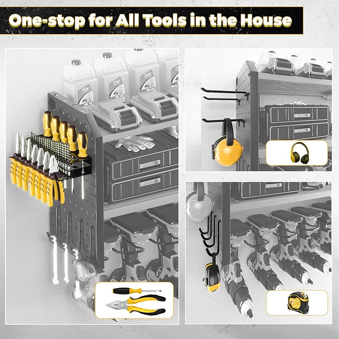 KAFAHOM Power Tool Organizer,Large 8 Drill Holder Wall Mount with 2 Side Pegboards,Metal Tool Shelf with 12 Hooks,Storage Rack for Garage Organization,Utility Cordless Drill Holder - Yellow