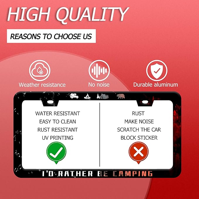I'D Rather Be Camping License Plate Frame Funny Camper License Plate Frames Stainless Steel Accessories Cars Decor With 2 Holes And Screws Fits Standard Us Ca Vehicles License Plate Holder 12.2 X 6 In
