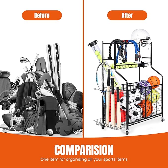 Sports Equipment Organizer - 29.6" W x 42.7" H - Rolling Garage Ball Storage Rack - Golf Bag Storage Stand & Other Sports Equipment & Toys - Indoor/Outdoor Stand - Removable Basket