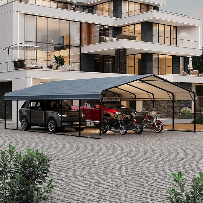 EROMMY 20x30 FT Metal Carport, Heavy Duty Carports with Galvanized Steel Roof and Frame, Sturdy Car Shed in All Weathers, Easy Assembly Car-Shelter for 2 Cars, SUV, Tractors and Boat, Gray