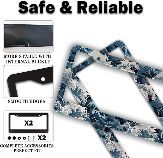 License Plate Frames for Men Multicolor License Plate Frame Holder for Women Ocean Waves Aluminum Metal Car Accessory 2 Pack with Screw Covers Set