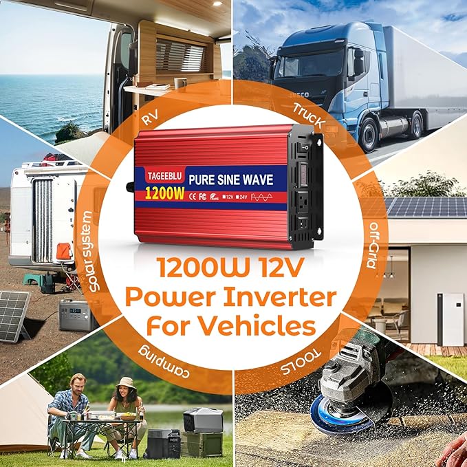 1200W Pure Sine Wave Inverter, 12V DC to 110V/120V AC Power Inverter for RV、Off Grid、Truck、with 2 AC outlets and LCD Display