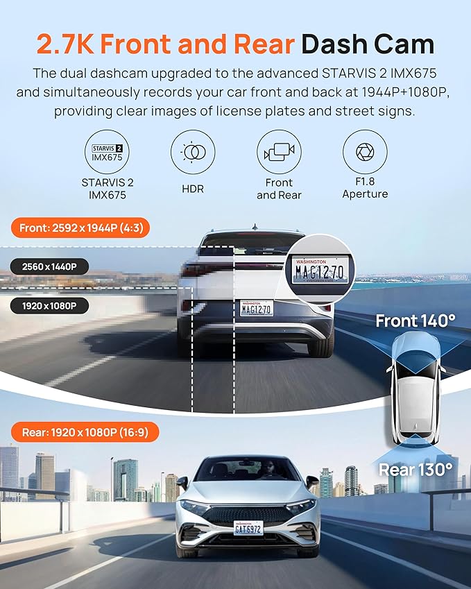 70mai Dash Cam Front and Rear A510,1944P+1080P with STARVIS 2 IMX675 and 64GB Card, Dash Camera for Cars, 4G LTE Support, ADAS, Built-in GPS WiFi, APP Control, HDR, 24H Parking Mode, Loop Recording