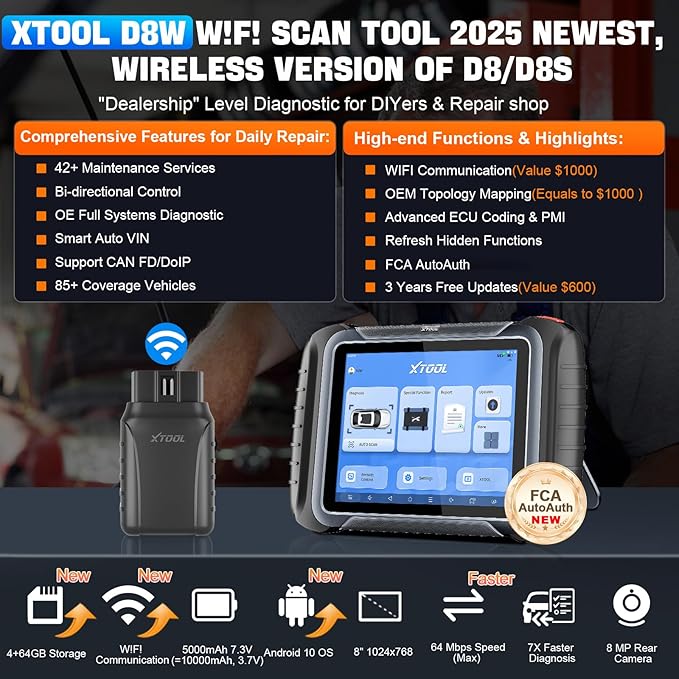 XTOOL D8W Wireless Bidirectional Scan Tool, 2025 OBD2 Scanner with Topology, FCA AutoAuth, 3-Year Updates, ECU Coding, PMI, 42+ Resets, Full Diagnostic Scanner for Car, Crankshaft Relearn, CAN FD/DoIP