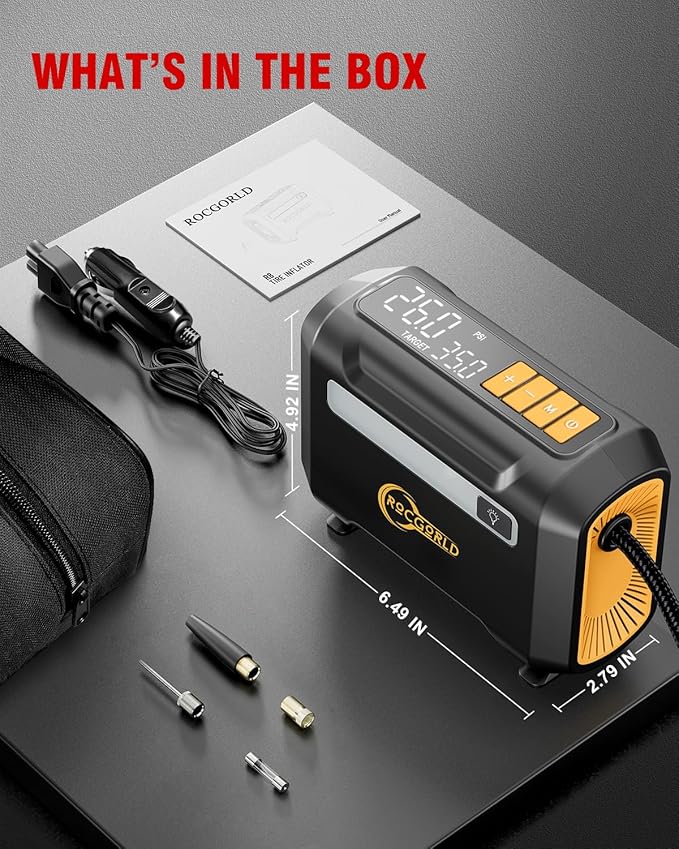R8 Tire Inflator Portable Air Compressor, DC 12V Portable Air Compressor with Large Dual Digital Screen, 3X Faster Inflation Portable Air Pump for Car Tires, Bike, Motor - Car Accessories