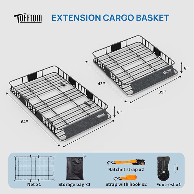 Bonnlo 250lbs Extendable Rooftop Cargo Carrier,64 * 39 * 6inch Universal Roof Rack Basket with Rubber Net,Storage Bag,Straps and Footrest,for SUV/Truck/Van