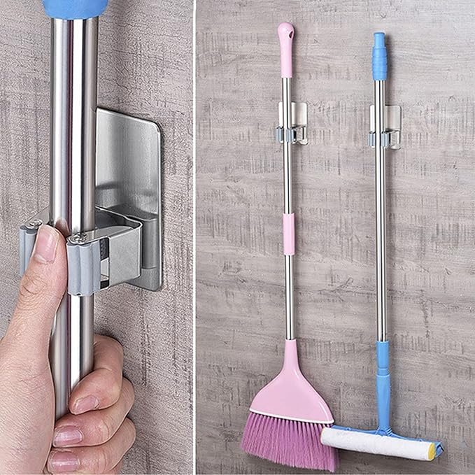 HANZE 4 Pack Stainless Steel Mop Broom Holder Organizer, Self Adhesive Wall Mounted Mop Organizer Storage Rack Clip for Kitchen Bathroom and Garage (Rectangle, Large)