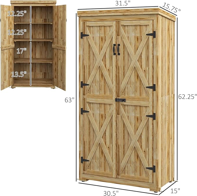 Outsunny Wooden Garden Shed, Outdoor Storage Cabinet with Waterproof Galvanized Metal Roof, Narrow Tool Shed with 3 Shelves and Lockable Door, Natural