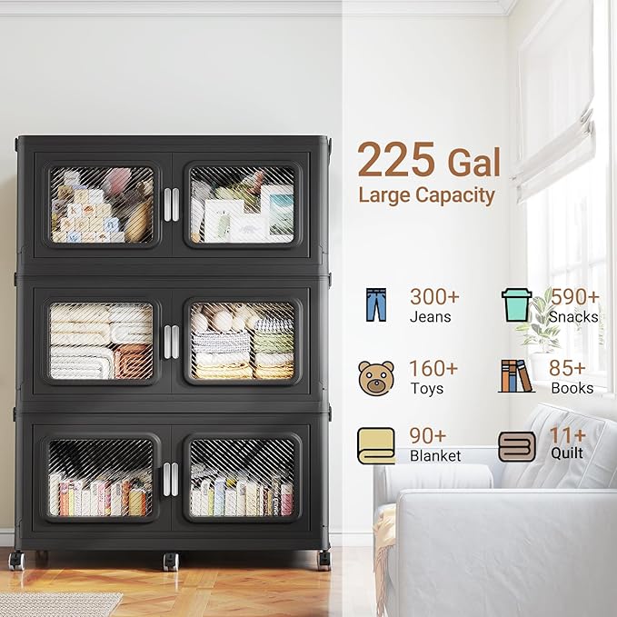 900 Qt Stackable Storage Bin with Lid, 225Gal Extra Large Collapsible Storage Boxes, Folding Plastic Drawer, Heavy-Duty Store Cabinet, Closet Organizer for Home Kitchen, 3 Pack Black