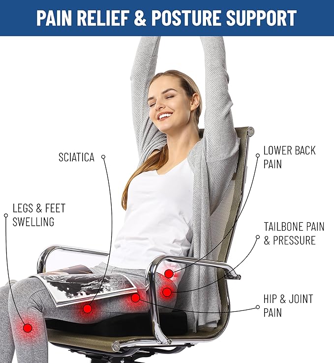 Everlasting Comfort Doctor Recommended Gel Memory Foam Seat Cushion for Office Chairs & Car Seat - Ergonomic Office Desk Accessories for Tailbone Pain Relief, Sciatica & Back Support