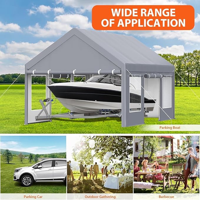 13x20 Ft. Metal Carport Garage with PE Fabric and Galvanized Steel Frame Outdoor Shelter for Cars, Trucks and Boats with 4 Doors and Mesh Windows for Ventilation - Grey