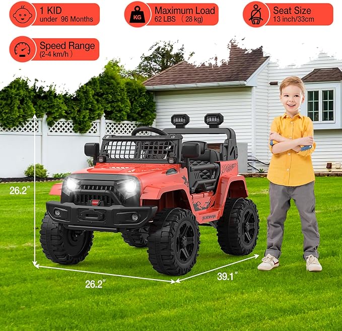 12V Kids Electric Ride On Truck Car w/Parent Remote Control, Spring Suspension, LED Lights & AUX Port | Outdoor Ride Toy for Boys Girls