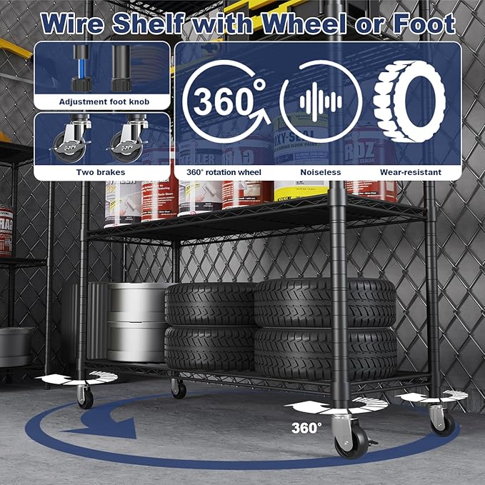 Himix 73''H X 35.5''W X14''D 6 Tier Wire Shelf with Wheels 10 Hooks, Adjustable NSF Wire Shelving Unit Heavy Duty Metal Storage Shelves Free Standing Rack Organization for Pantry,Kitchen,Garage