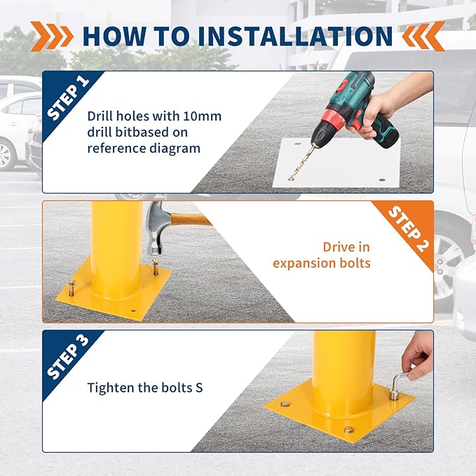 4.5x42 Inch Safety Bollard Post - Yellow Steel Bollard with Anchor Bolts (6-Pack) for Parking Lots, Walkways & Traffic Areas