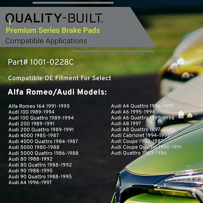 Premium Ceramic Rear Brake Pads (1001-0228C) Compatible with 1980-2001 Alfa Romeo/Audi (4000 Quattro/5000 Quattro/80 Quattro/90 Quattro/A4 Quattro/A6 Quattro/A8 Quattro/S3/S4/S6 & More)
