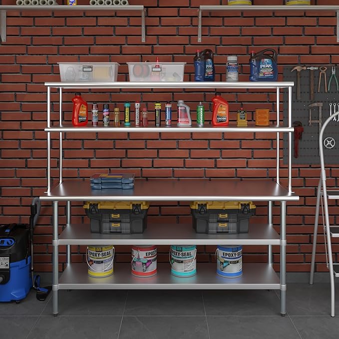 AmGood Stainless Steel Work Table with 2 Shelves | NSF (24" x 72" Table with 2 Shelves + 18" Overshelf)