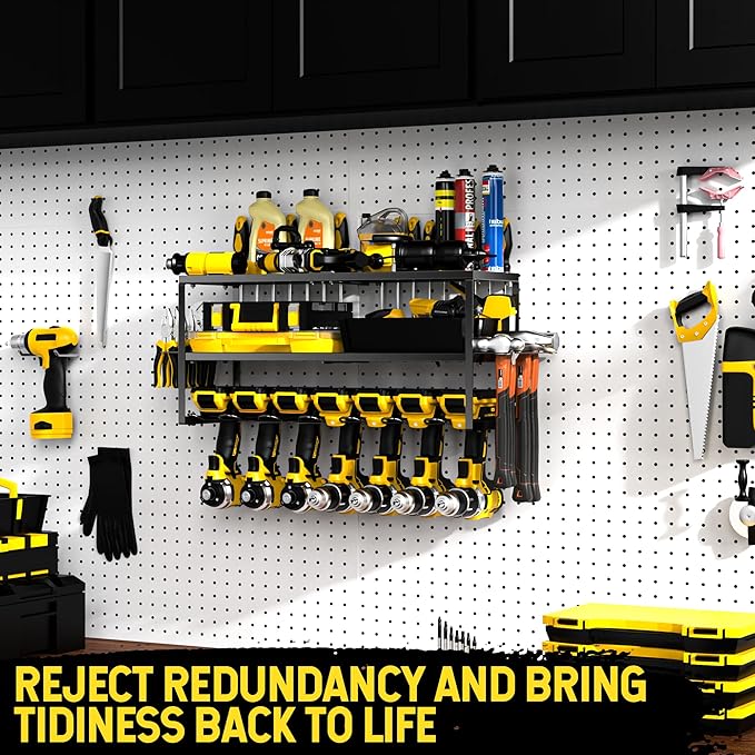 Power Tool Organizer-7 Drill Holder Wall Mount, Garage Organization Storage, 3 Layer Heavy Duty Metal Power Tool Rack,Garage Tool Organizer with Screwdriver Plier Hammer Holder, Men Dad Gifts